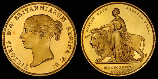 Featuring Una and the Lion, this £5 1839 has a collectable numismatic value.